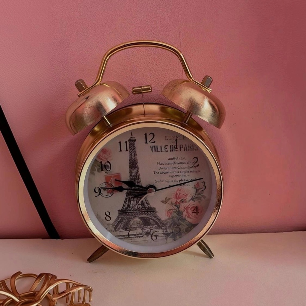 Vintage Eiffel Tower Rose Gold Twin Bell Alarm Clock – Retro Metallic Analog Desk Clock with Loud Alarm, Floral Dial & Night Light for Bedroom, Home & Office Decor