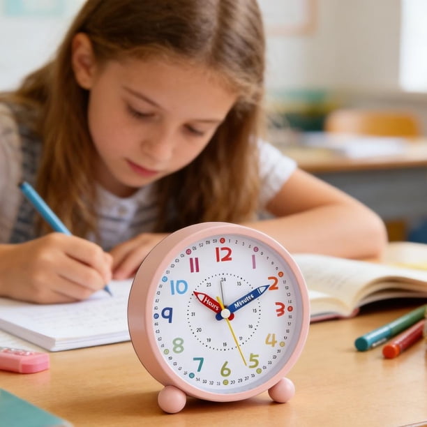 Educational Analog Alarm Clock Ocean Blue Color – Silent Non-Ticking Teaching Clock with Labeled Pencil Hands, 24-Hour Dial & Minute Outer Ring