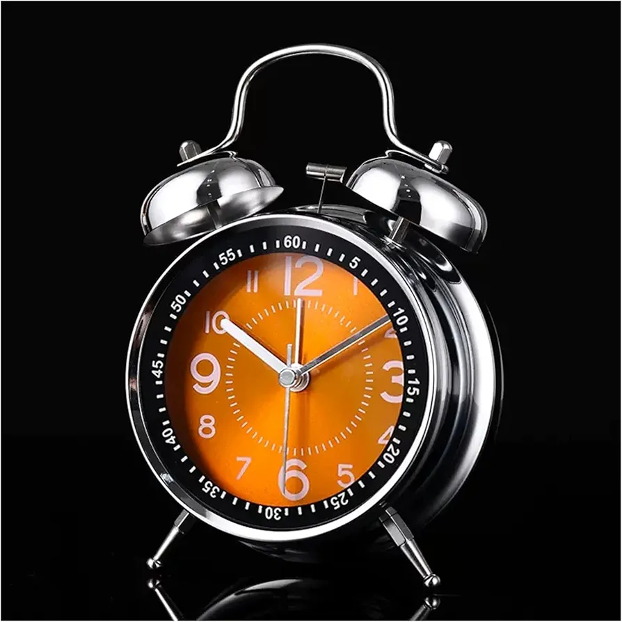 Vintage Stainless Steel Metallic Twin Bell Desk & Tabletop Alarm Clock – Non-Ticking Silent Quartz Movement with Bright Orange-Yellow Dial