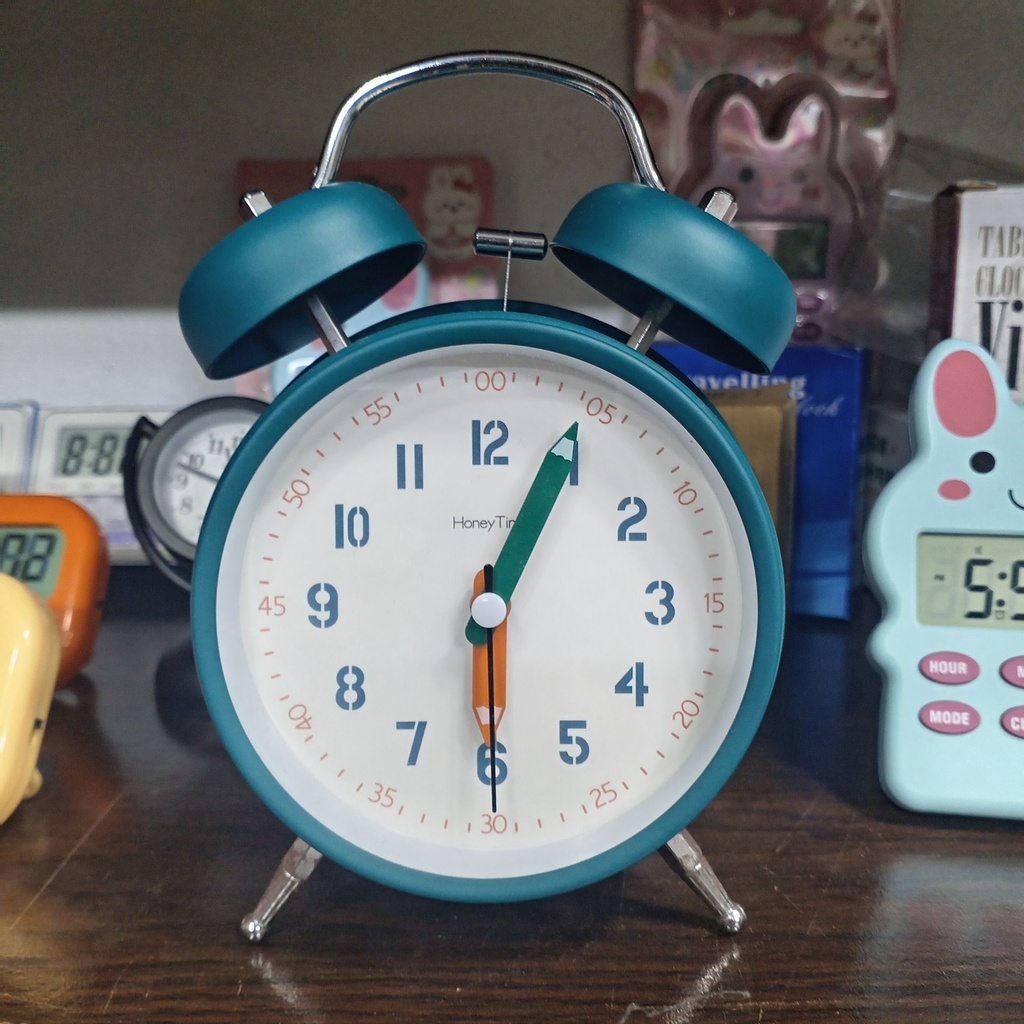 Retro Metal Twin Bell Desk Alarm Clock – Teal Blue Frame with White Dial, Stencil Numbers, and Novelty Pencil Clock Hands