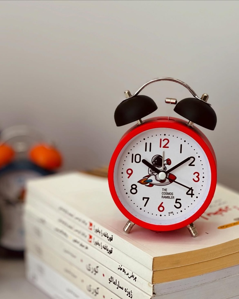 Retro Space Rocket Twin Bell Analog Alarm Clock (Red & Black Metal Frame / Silent Quartz Movement)