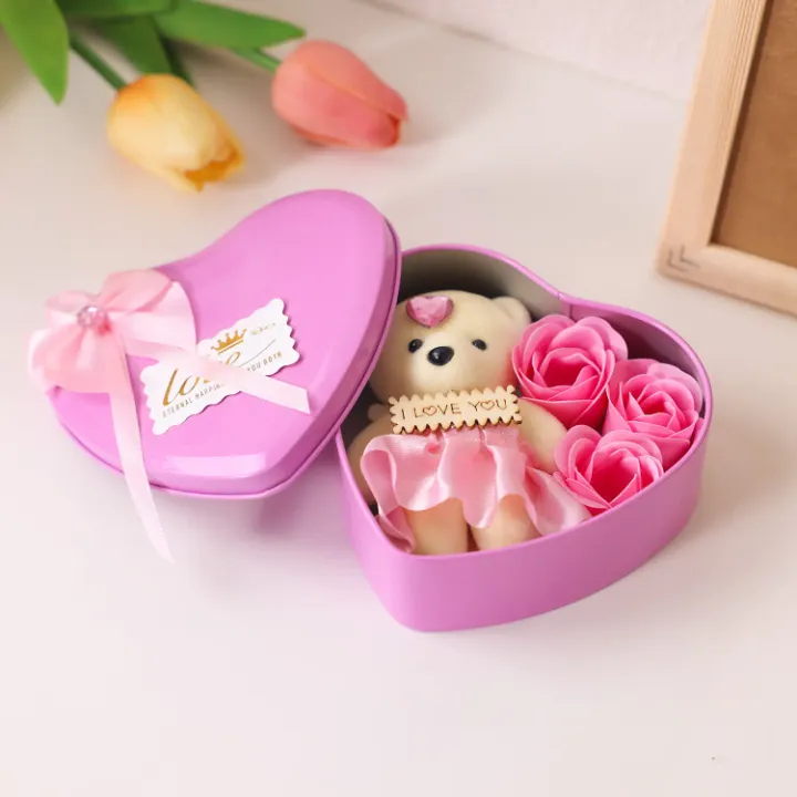 Handmade Heart-Shaped Bouquet Earth Day Artificial Soap Flower Gift Box 3pcs & Bear (Pink)