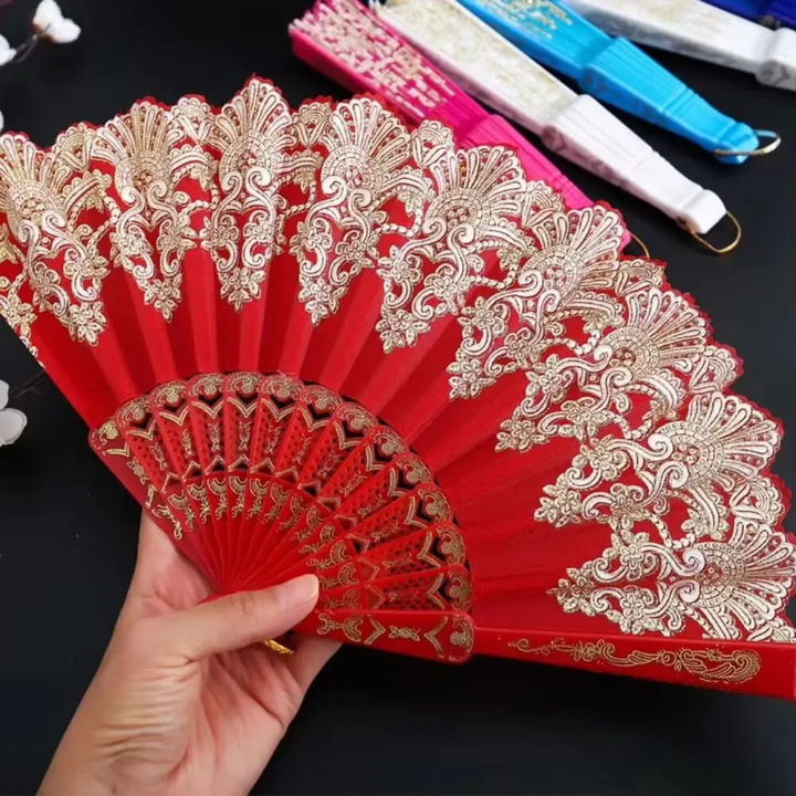 Chinese Style Hot Stamping Gold Flower Pattern Folding Fan Plastic