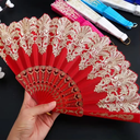 Chinese Style Hot Stamping Gold Flower Pattern Folding Fan Plastic