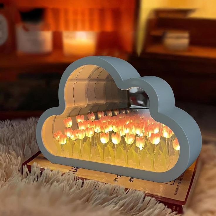 Cloud Mirror Tulip Lamp Night Light Girl Bedroom Lamp Bedside Birthday Gift