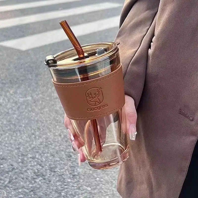 Large Capacity Coffee Cup For Office Travel High Quality Appearance Level Glass With Leather Sleeve and Straw