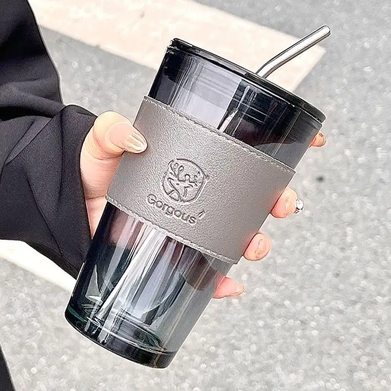 Large Capacity Coffee Cup For Office Travel High Quality Appearance Level Glass With Leather Sleeve and Straw