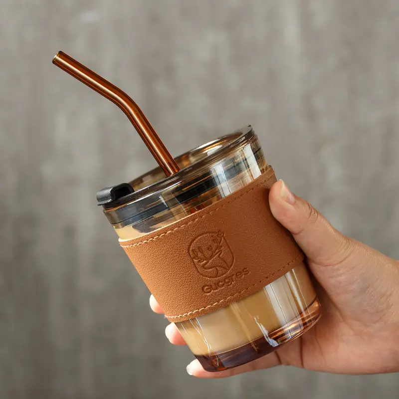 Luxury Coffee Cup Medium Capacity For Office Home Travel With Glass Straw Golden-brown Color